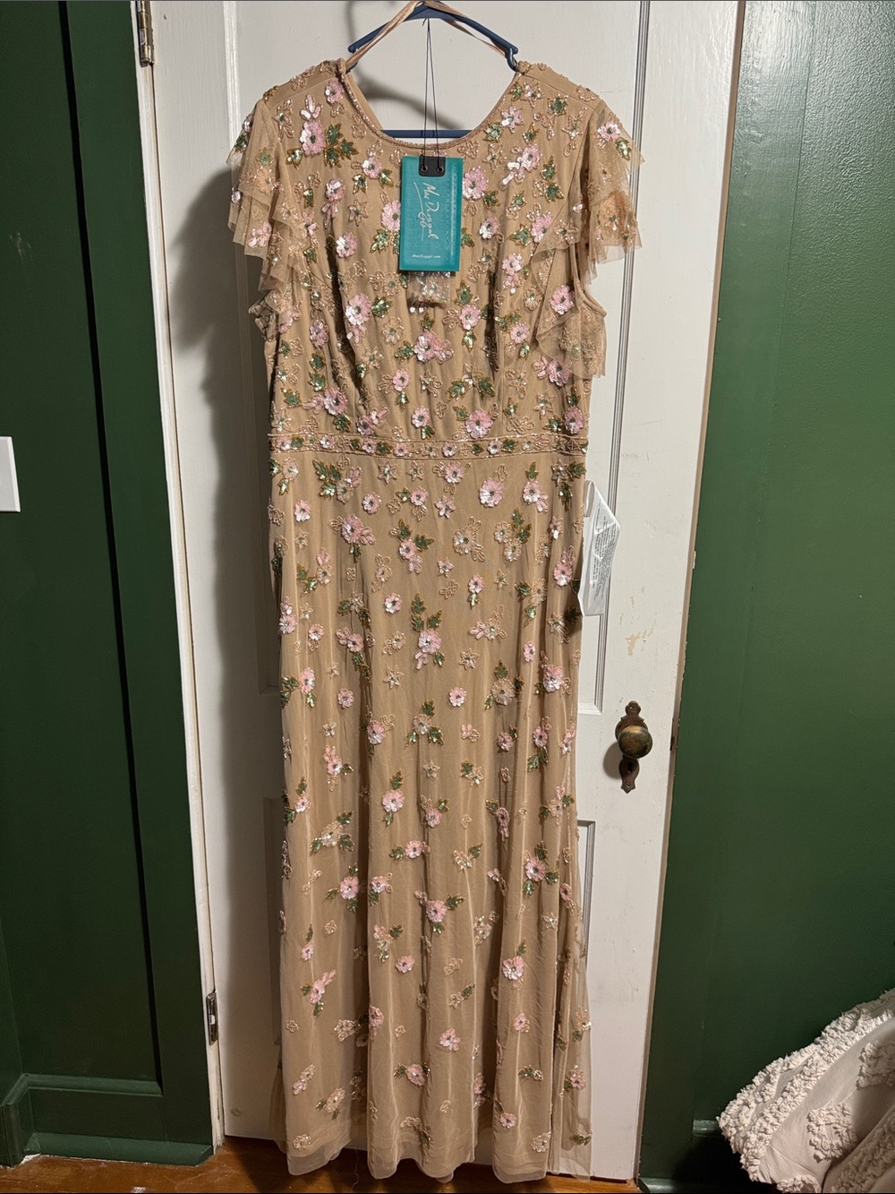 Mac Duggal Beige Maxi Dress with Pink Floral Embroidery